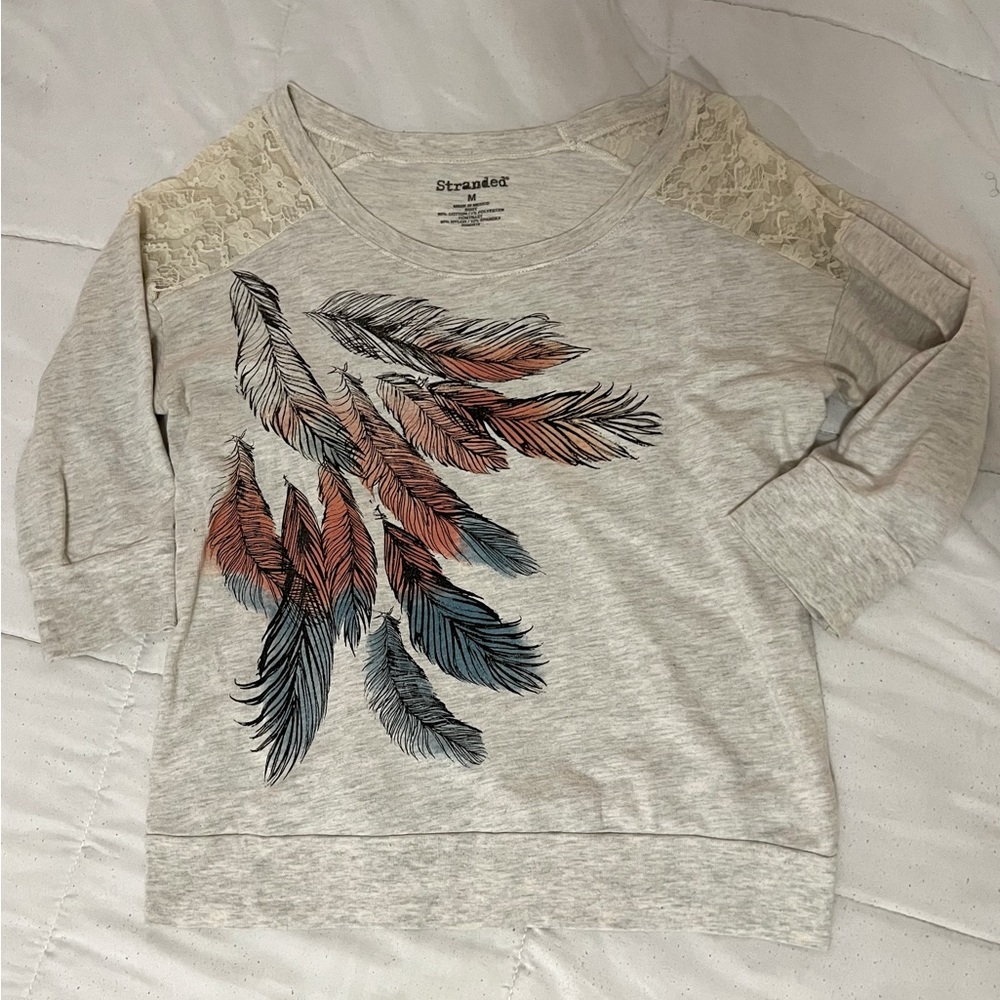 Heather Grey Feather Print Sweatshirt | M |